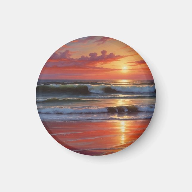 Sjölandskapet Red Sunset Ocean Painting Artwork Magnet (Framsidan)