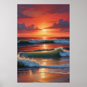 Sjölandskapet Red Sunset Ocean Painting Artwork Poster
