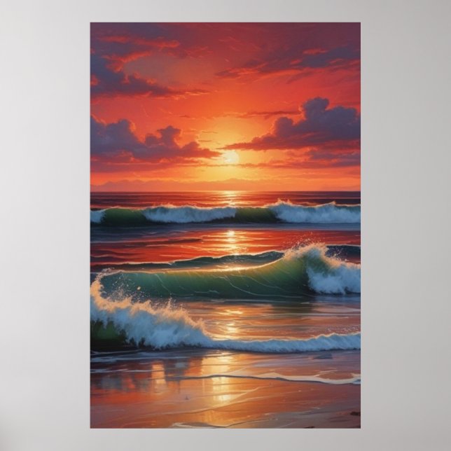 Sjölandskapet Red Sunset Ocean Painting Artwork Poster (Framsidan)
