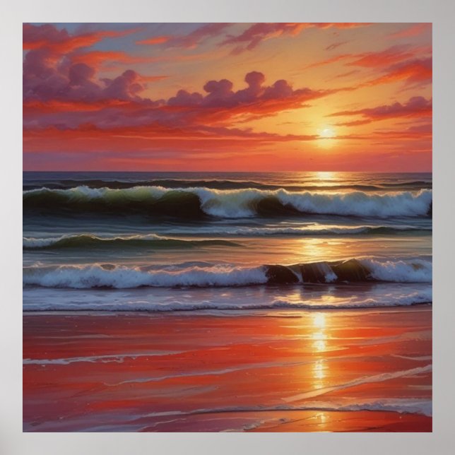 Sjölandskapet Red Sunset Ocean Painting Artwork Poster (Framsidan)