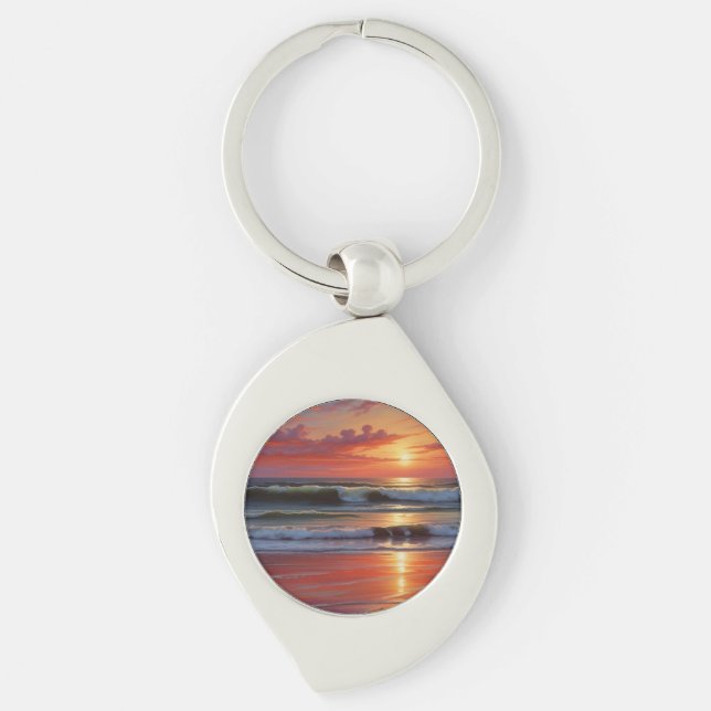 Sjölandskapet Red Sunset Ocean Painting Artwork Swirl Silverfärgad Nyckelring (Framsidan)