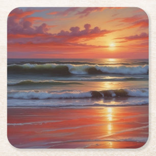 Sjölandskapet Red Sunset Ocean Painting Artwork Underlägg Papper Kvadrat