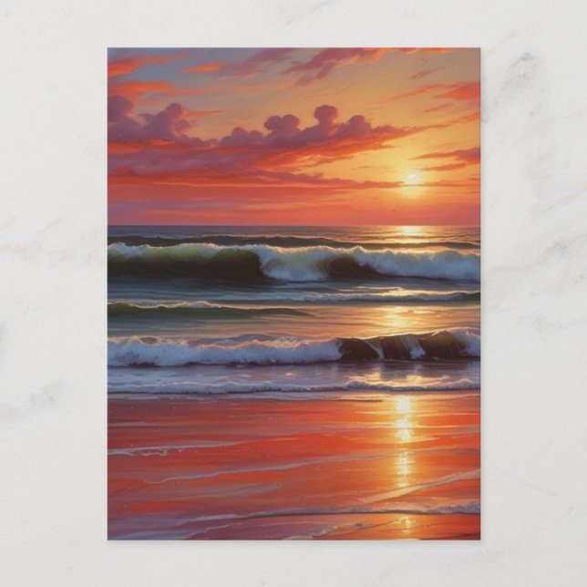 Sjölandskapet Red Sunset Ocean Painting Artwork Vykort (Framsida)