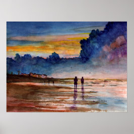 Sjölandskapet Stormy Sunset Beach Comving Watercol Poster