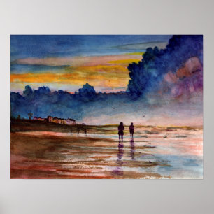 Sjölandskapet Stormy Sunset Beach Comving Watercol Poster