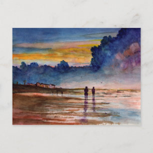Sjölandskapet Stormy Sunset Beach Comving Watercol Vykort