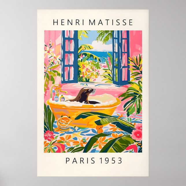 Sjölejon i badkar Konsttryck Rolig Matisse-stil Poster (Framsidan)