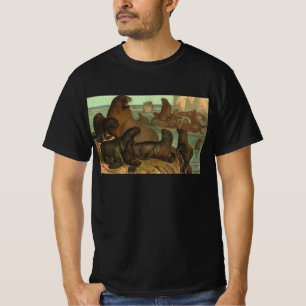 Sjölejon på stranden, gammaldags marint liv djur t shirt