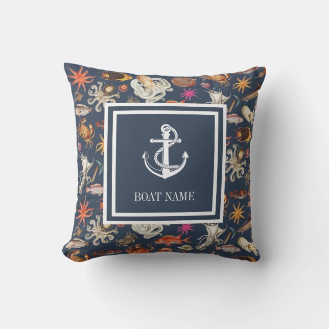 Sjöliv Navy Blue Nautical Anchor Boat Namn Kudde (Framsida)