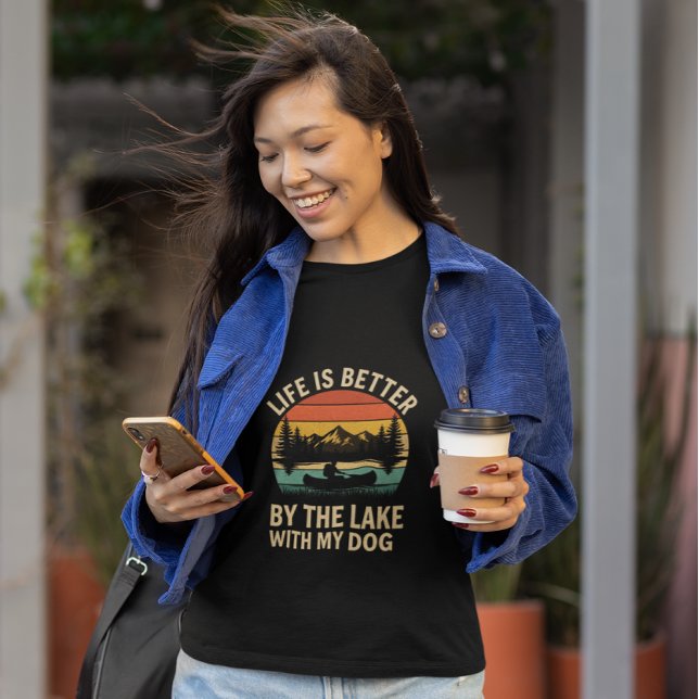 Sjöliv Retro Solnedgång Kanot med Hund T Shirt (Skapare uppladdad)