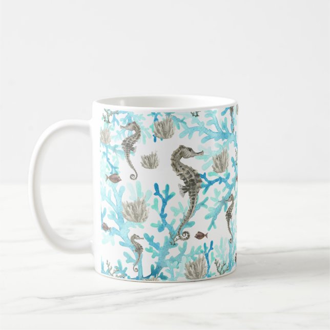 Sjölivet Aqua Beige Seahorse Ocean Kaffemugg (Vänster)