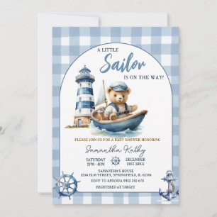 Sjöman Björn Blå Rutig Baby Shower Inbjudan