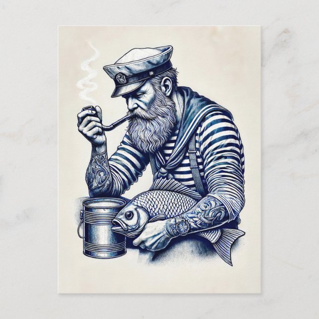 Sjömän med pipa och fisk under hans Arm Vykort (Framsida)