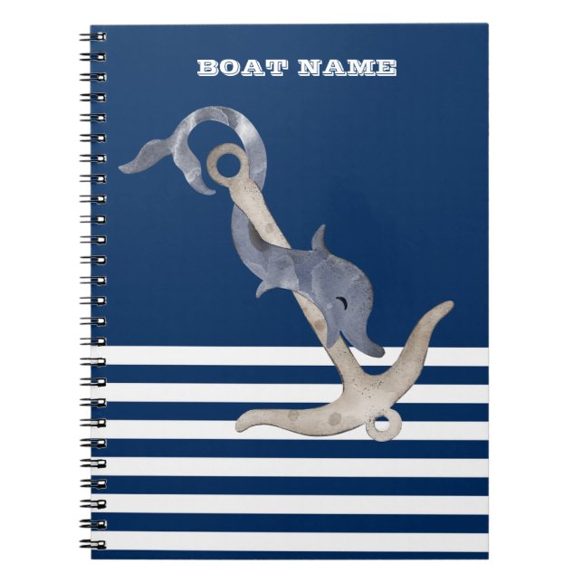 Sjöman Sjöankare Delfin Marinblå Randig Anteckningsbok (Framsidan)