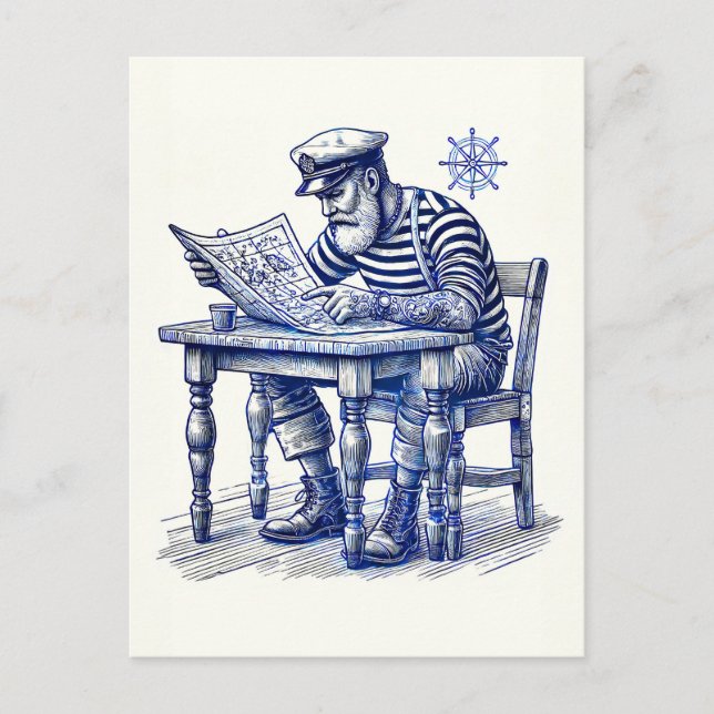 Sjöman som läser en tidning vid bordet vykort (Framsida)