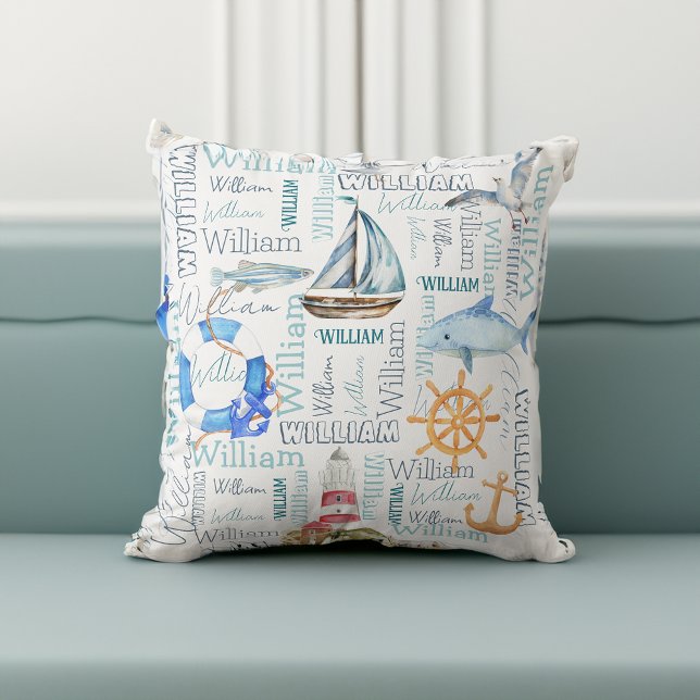 Sjömanschettgåvor från personlig namn kudde (Personalized name collage nautical boy gifts throw pillow gifts for boys nursery gifts nursery decor)