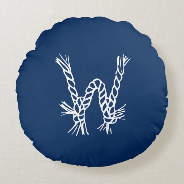 Sjömansrep knutar blå vit anpassad monogram rund kudde (Framsidan)