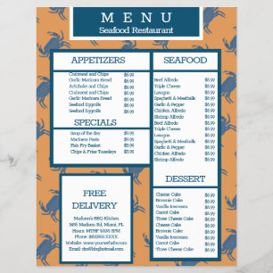 Sjömatskrabb grill restaurang meny