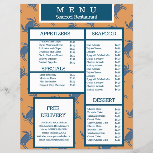 Sjömatskrabb grill restaurang meny (Framsidan)