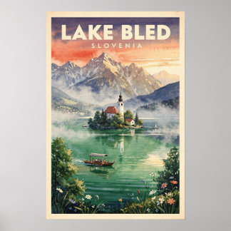 Sjön Bled Slovenien Vintage Resa Poster