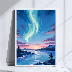 Sjöns drömlandska nattlandskap med norrsken poster