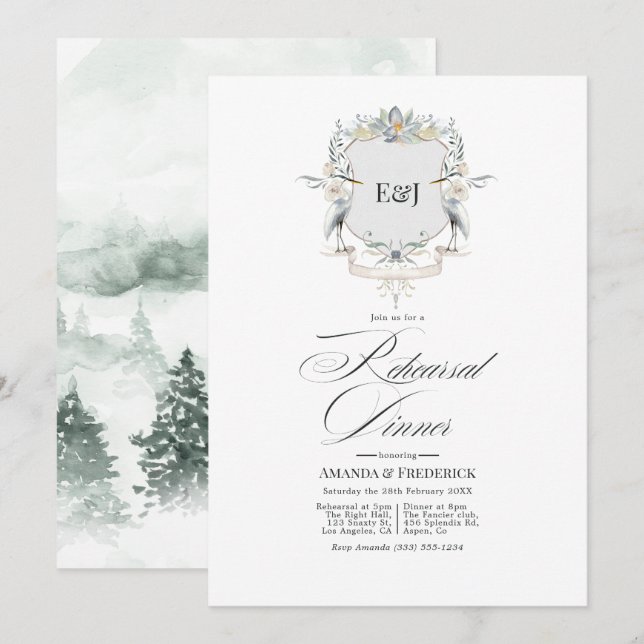 Sjöpromenad Monogram Laurel Crest Rehearsal Middag Inbjudningar (Fram/baksida)