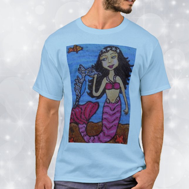 Sjöröding & Sjöhäst Tröja (Mermaid with pink tail with silver seahorse, starfish in ocean on blue tee shirt.)