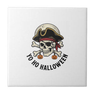 Sjörövarskalle Halloween Vintage Gravyr Vit Tröja Kakelplatta