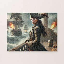 Sjöscen med kvinnlig piratkapten och örlogsfartyg pussel