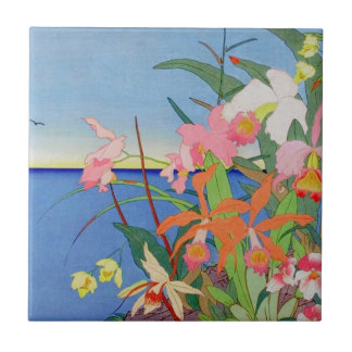 Sjösidan blommar japansk träklosskonst Ukiyo-E Kakelplatta
