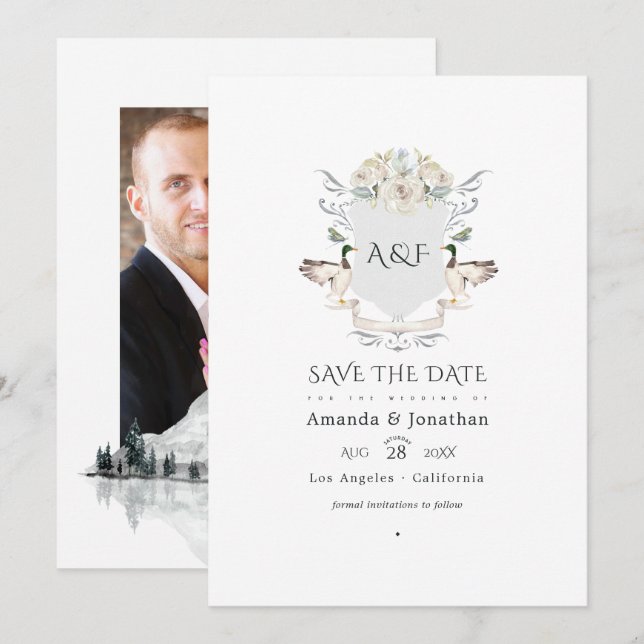 Sjöside Monogram Krönande Bröllopsfoto Spara Datumet (Fram/baksida)