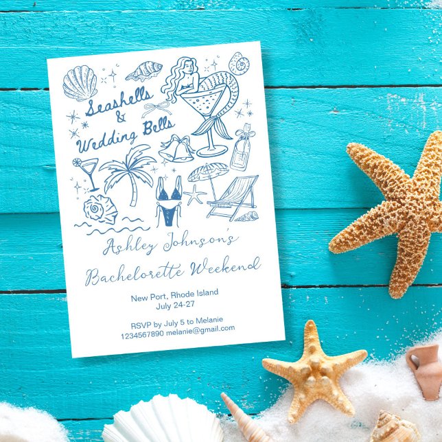 Sjöskal och bröllopsklockor havsfrue möhippa inbjudningar (Seashells and wedding bells mermaid beach seaside Bachelorette weekend Invitation cards template)
