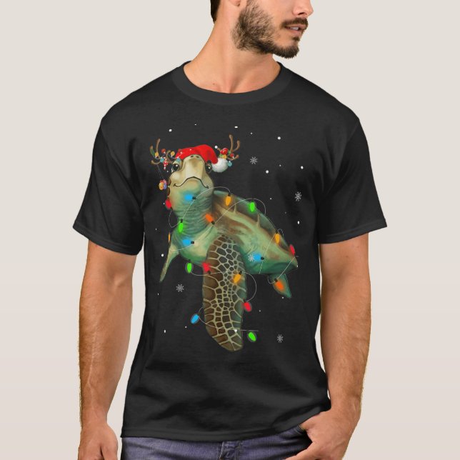 Sjösköldpadda julbelysning Rolig tomtehatt Glad ju T Shirt (Framsida)
