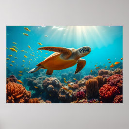 Sjösköldpaddor och många små undervattensfiskar poster