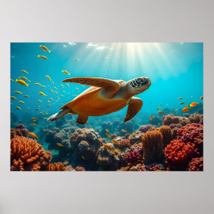 Sjösköldpaddor och många små undervattensfiskar poster