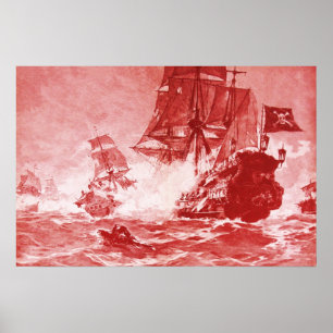 Sjöslag med PIRATSKEPp i antikt rött Poster