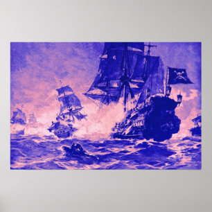 Sjöslag med PIRATSKEPp i blått och rosa Poster