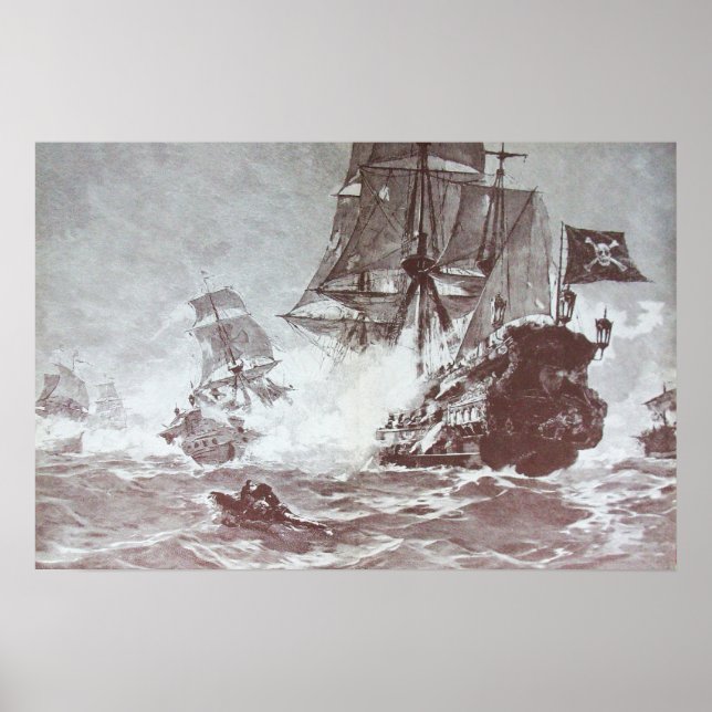 Sjöslag med PIRATSKEPp i svart och vitt Poster (Framsidan)