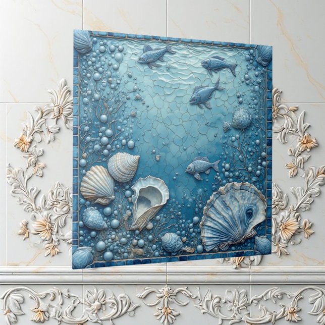 Sjösnäckor Akvatisk Fisk Undervattensbubbla Backsp Kakelplatta (Seashell Aquatic Fish Underwater Bubble Backsplash Ceramic Tile)