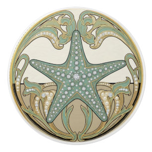 Sjöstjärna Grön Kräm & Guld Art Deco Nouveau Knopp