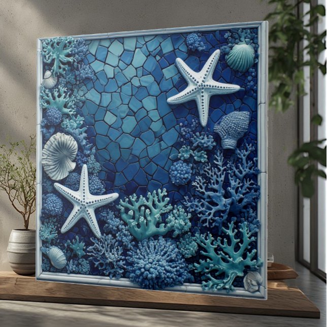 Sjöstjärna Korallrev Snigelskal Kustdekor Lyx Kakelplatta (Starfish Coral Reef Seashells Coastal Decor Luxury Ceramic Tile)