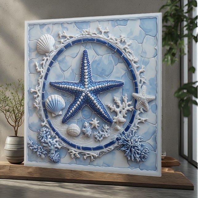 Sjöstjärna Korallrev Snigelskal Kustnära Ocean Lyx Kakelplatta (Starfish Coral Reef Seashells Coastal Ocean Luxury Ceramic Tile)