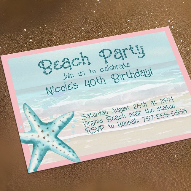 Sjöstjärna Ocean Beach Party Aqua & Rosa Akvarell Inbjudningar (Starfish beach party invitations, cheerful & casual for Summer fun)