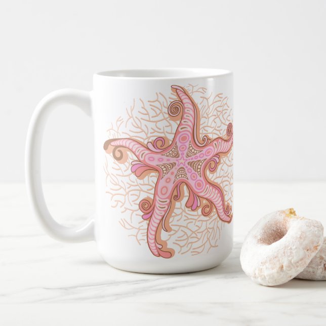 Sjöstjärna och korall rosa pastellmönster kaffemugg (Med munk)