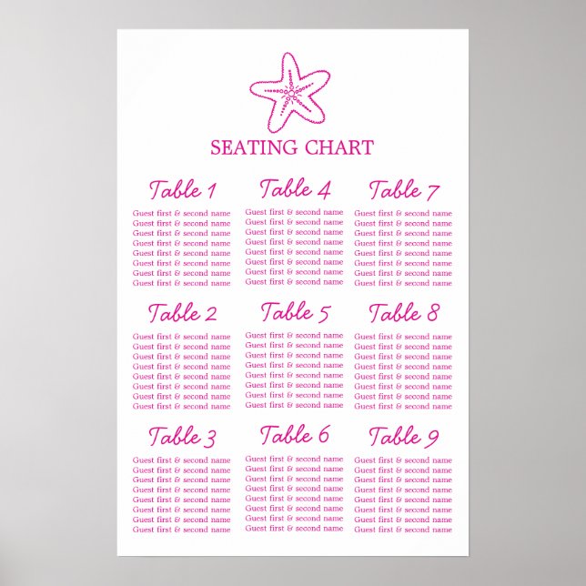Sjöstjärna rosa bröllop 9 bord plan poster (Framsidan)