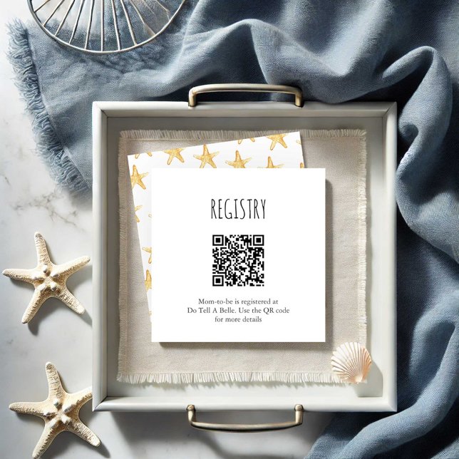 Sjöstjärneregistret Tilläggskort (Baby shower registry card with QR code features watercolor orange starfish by Victoria Grigaliunas)