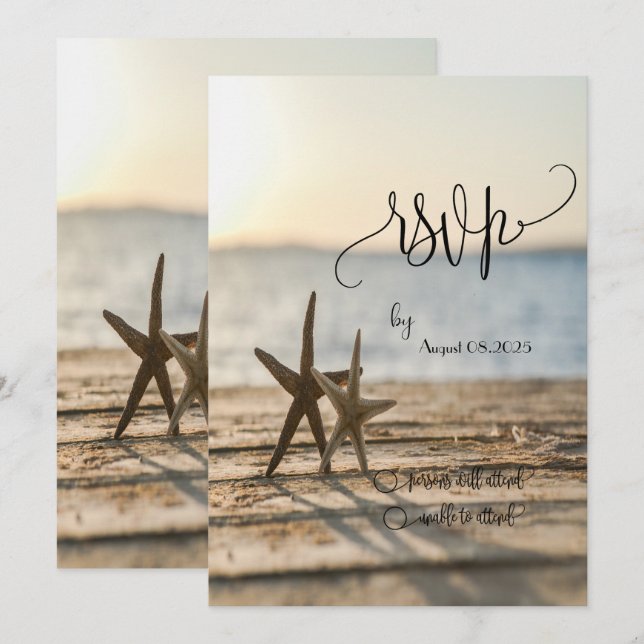 Sjöstjärnor Sandstrand Script RSVP   Inbjudningar (Fram/baksida)