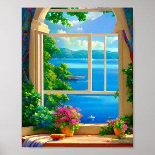 Sjöutsiktsfönster Scen Retreat Landskaps Art Print Poster