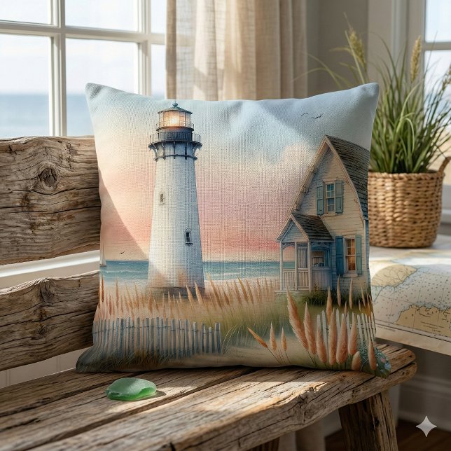 Sjövägs fyr- och ytvattenfärgsscen kudde (Seaside Lighthouse & Cottage Watercolor Scene Throw Pillow Mockup A)