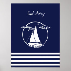 Sjövit segelbåt, silhuett/segelbåt bort/flottan poster